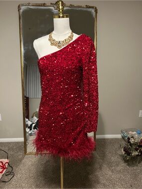 Fashion Nova Red Sequin Feather Mini Dress